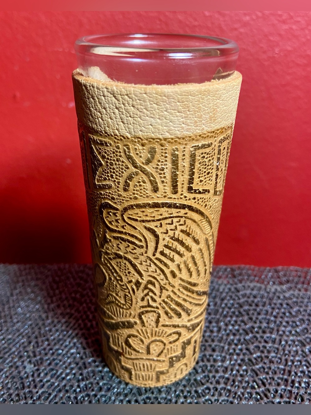 Mexico Embossed Leather Shot Glass Cover with Glass Insert 4” Tall